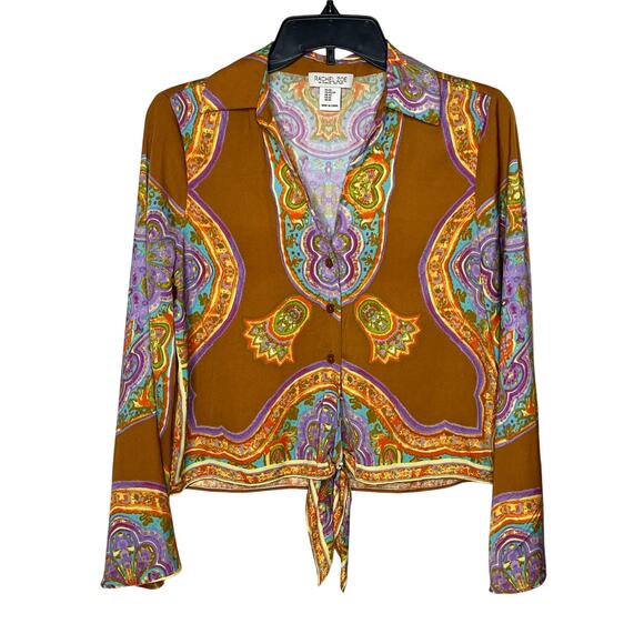 Rachel Zoe XS V Neck Goldish Brown Purple Geometric Print Blouse - Picture 1 of 7